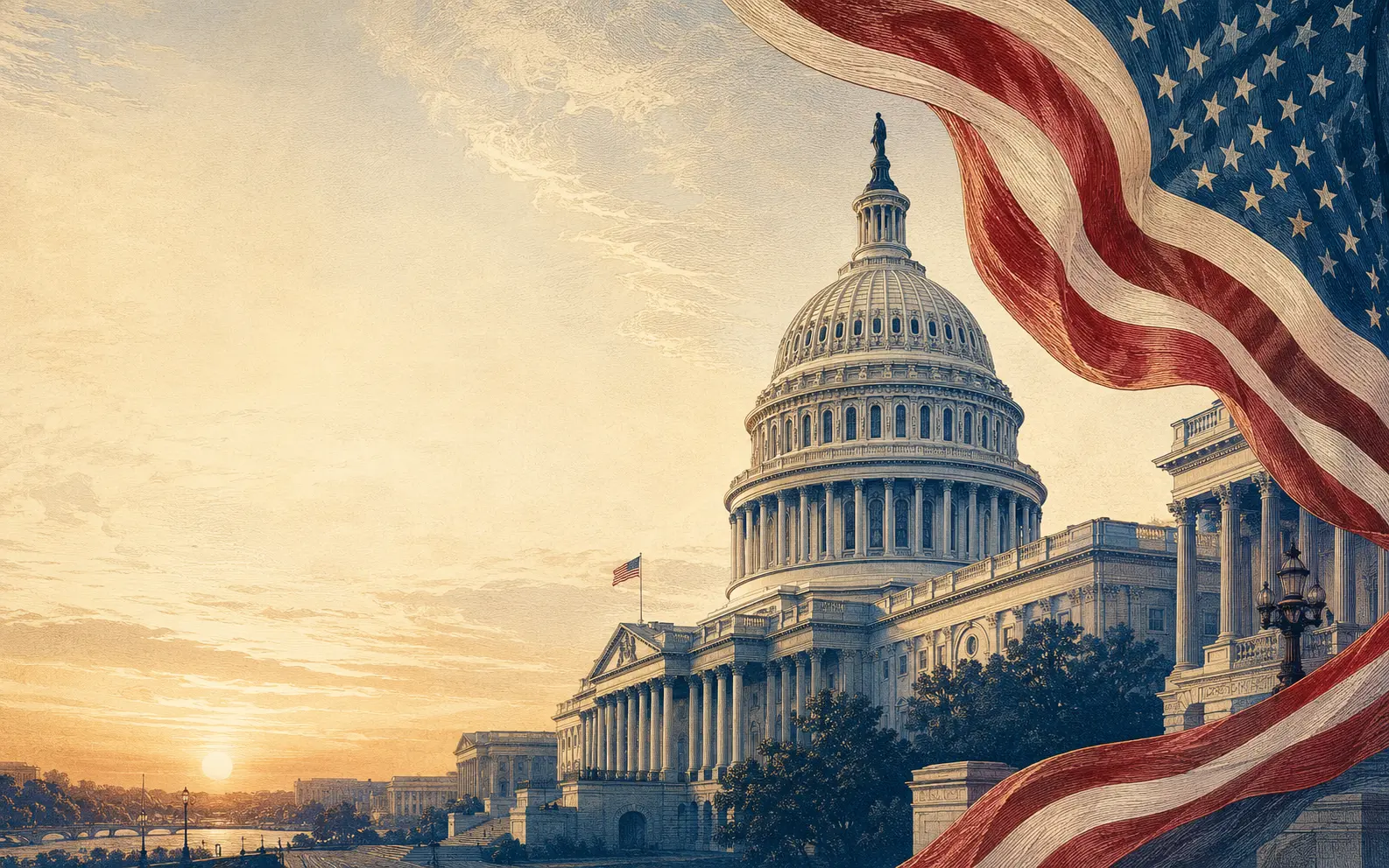 Editorial illustration of the United States Capitol and American flag